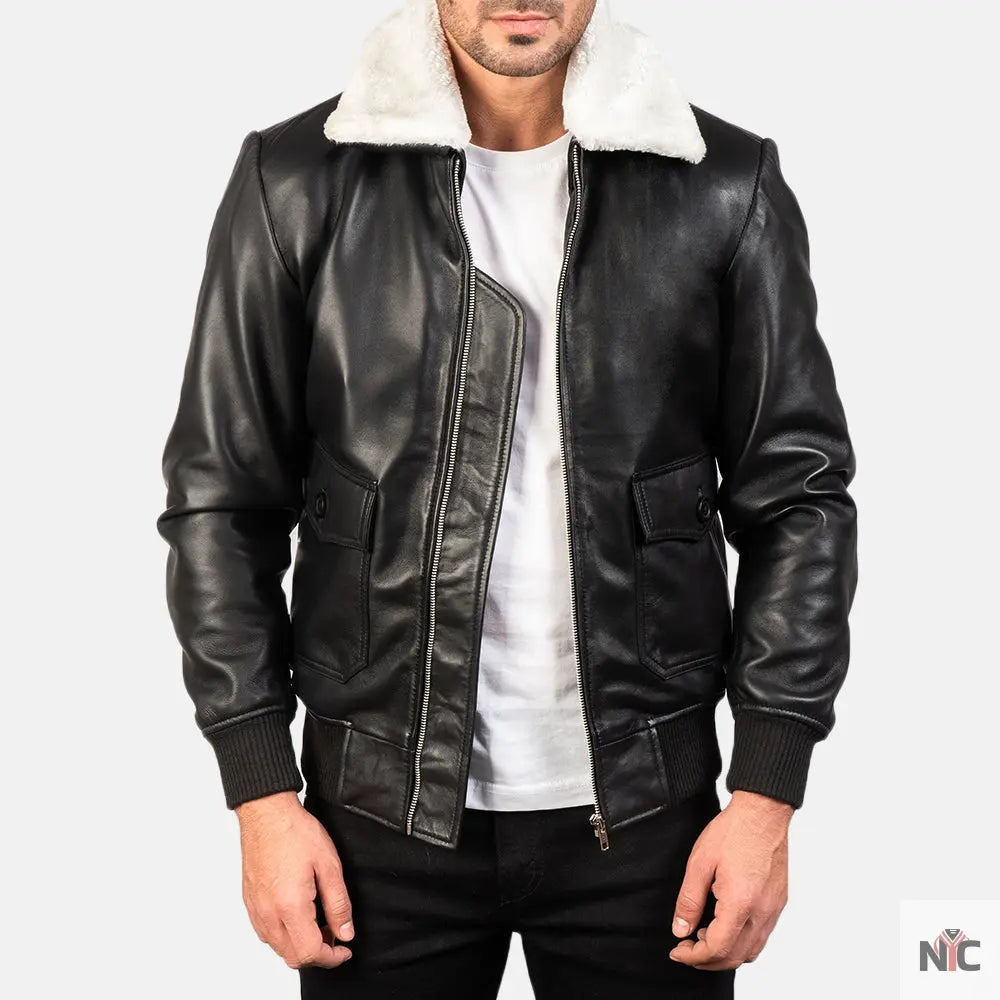 Airin G-1 Black & White Leather Bomber Jacket Clanton Jacket