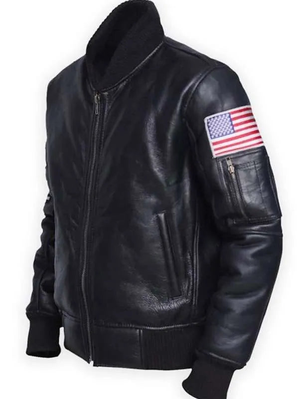 Men Sheepskin American Flag Bomber Black Leather Jacket