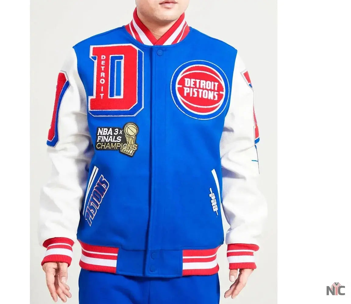 Detroit Pistons Mashup Varsity Royal and White Jacket Clanton Jacket