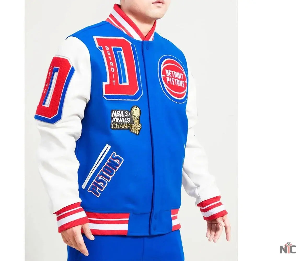 Detroit Pistons Mashup Varsity Royal and White Jacket Clanton Jacket