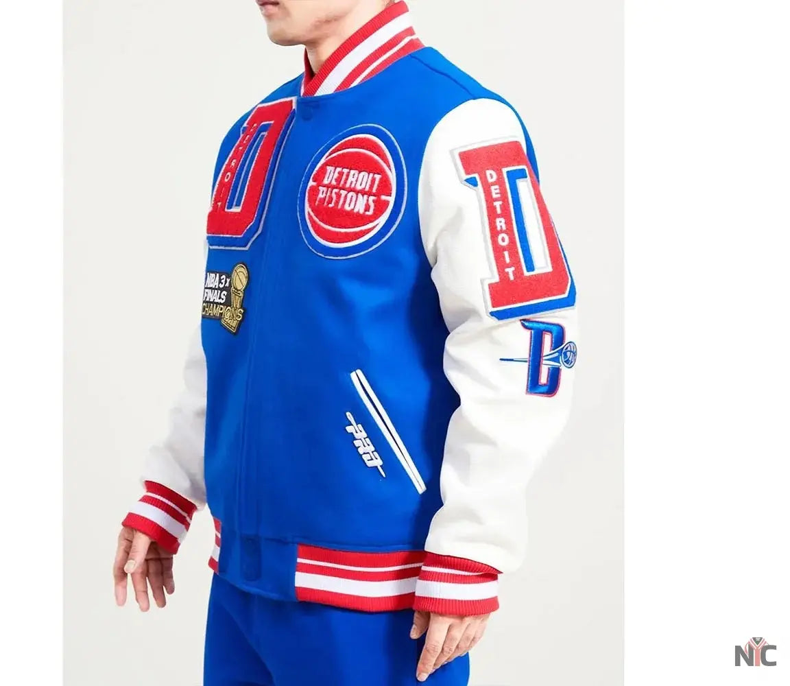 Detroit Pistons Mashup Varsity Royal and White Jacket Clanton Jacket