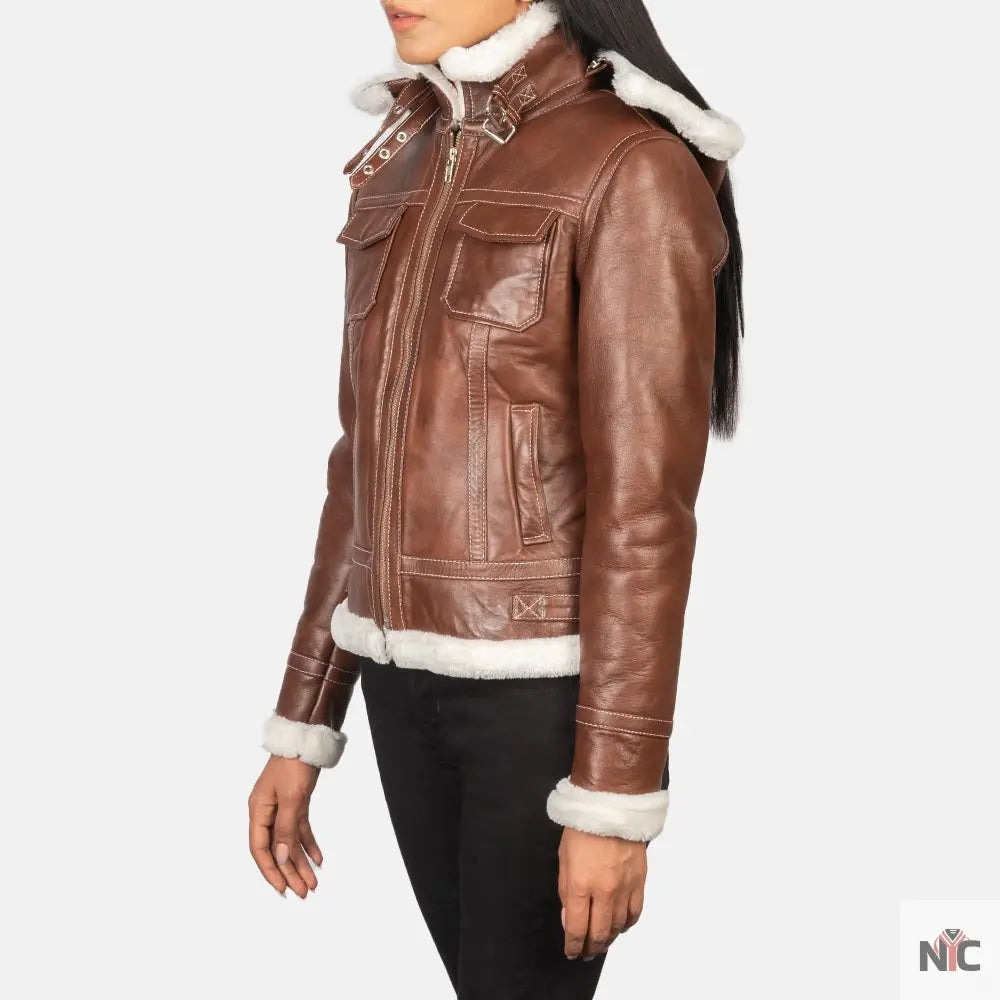 Fiona Brown Hooded Shearling Leather Jacket Clanton Jacket