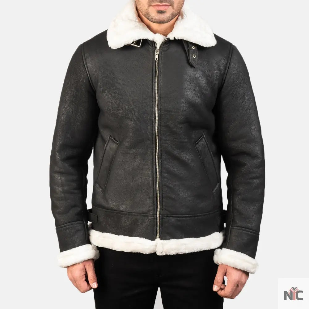 Francis B-3 Distressed Black Leather Bomber Jacket Clanton Jacket