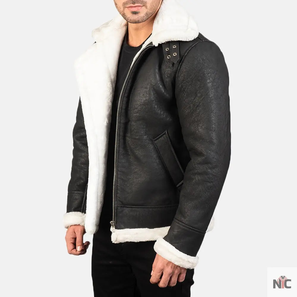 Francis B-3 Distressed Black Leather Bomber Jacket Clanton Jacket