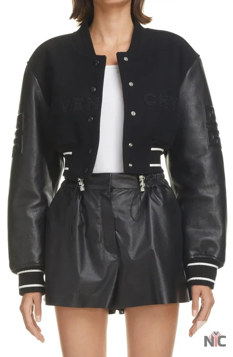 Givenchy Black Leather Sleeve Logo Crop Varsity Jacket Clanton Jacket