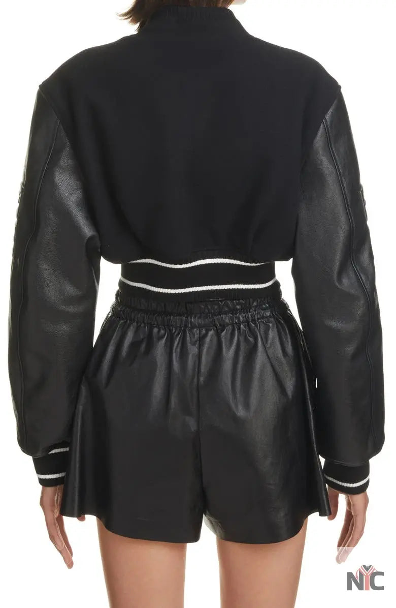 Givenchy Black Leather Sleeve Logo Crop Varsity Jacket Clanton Jacket