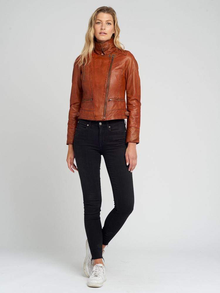 Monica Ladies Tanned Asymmetrical Moto Leather Jacket