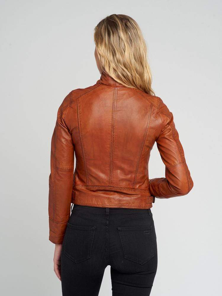 Monica Ladies Tanned Asymmetrical Moto Leather Jacket