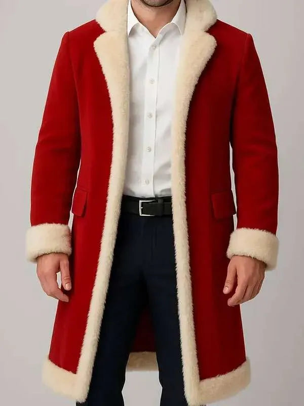 Men Red Christmas Fur Trim Coat