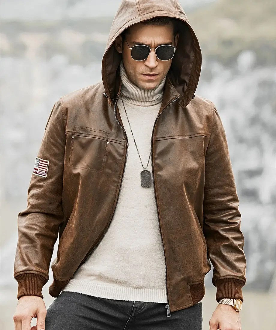 Men’s Brown Real Flavor Leather Jacket Removable Hooded