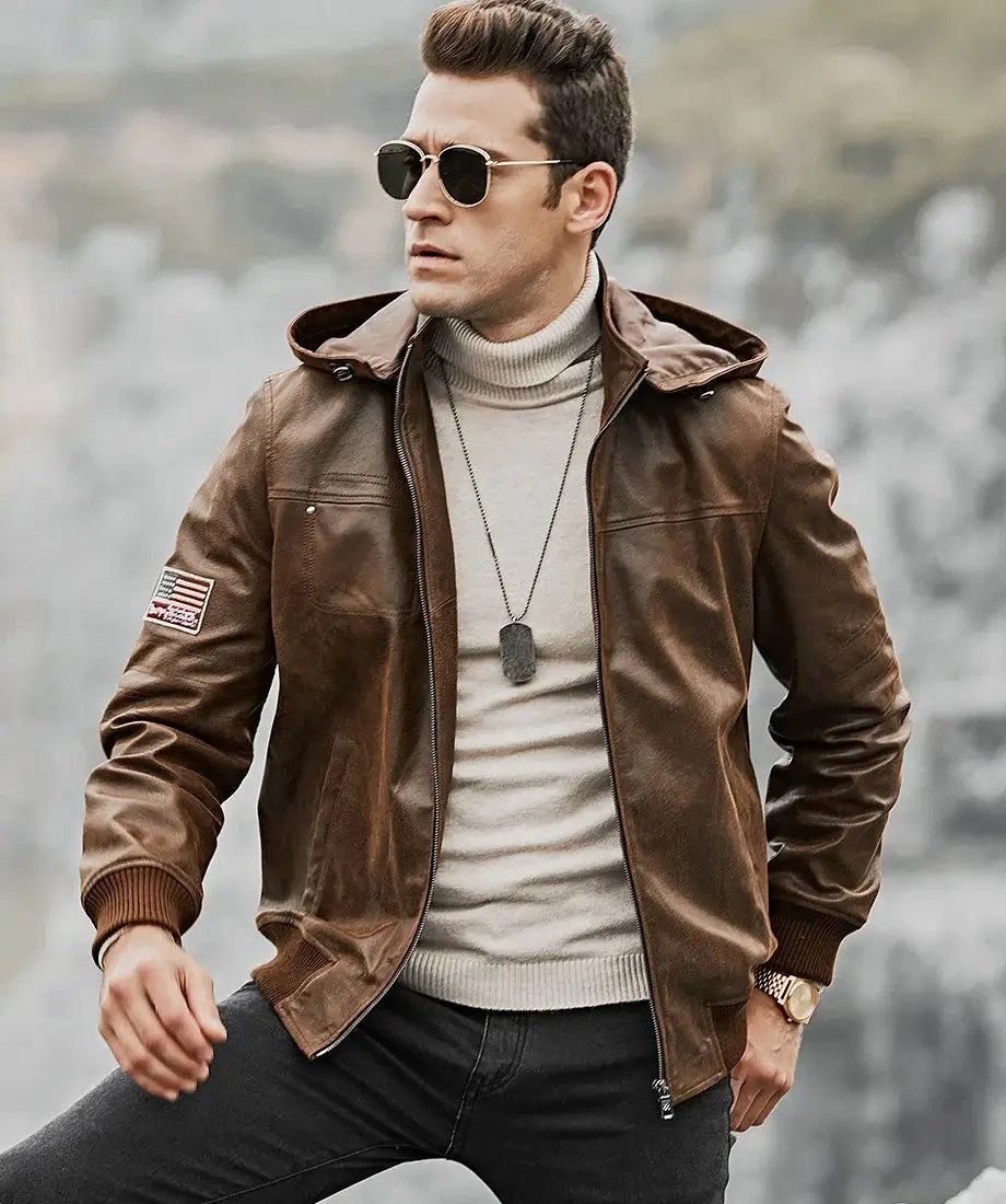 Men’s Brown Real Flavor Leather Jacket Removable Hooded