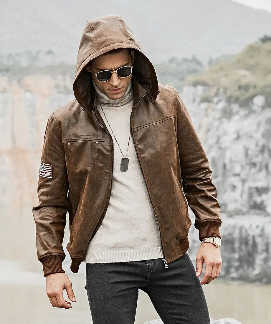 Men’s Brown Real Flavor Leather Jacket Removable Hooded