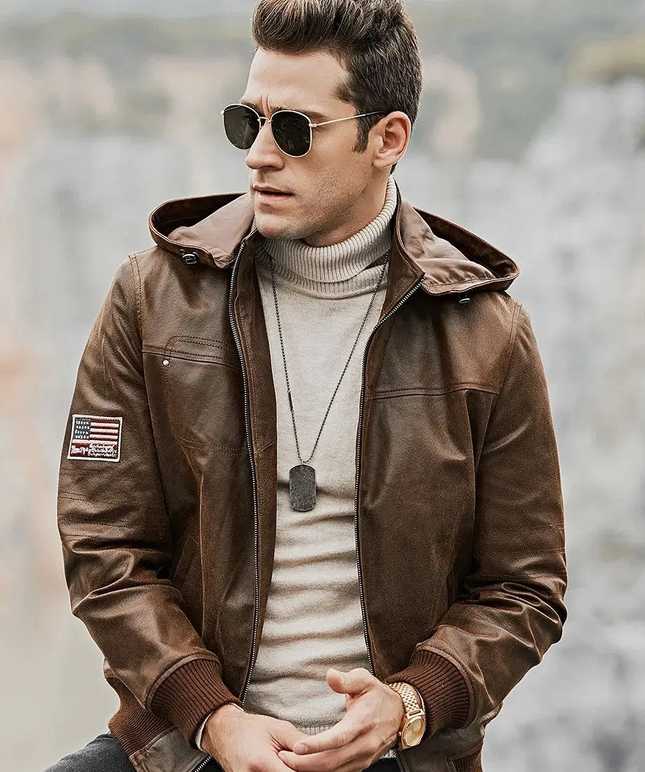 Men’s Brown Real Flavor Leather Jacket Removable Hooded