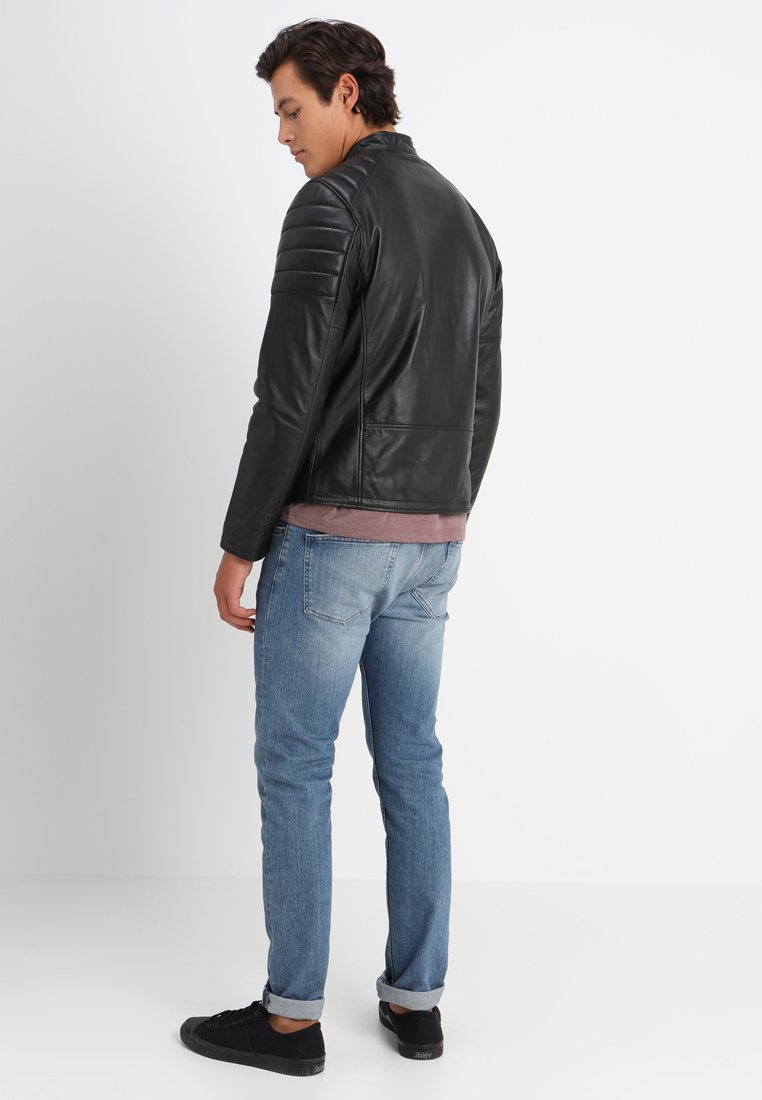 Vieno Mens Cafe Racer Leather Jacket
