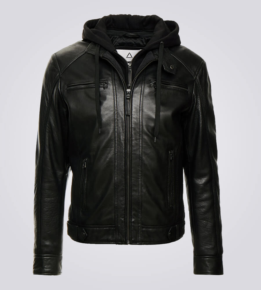 Nils Black Shearling Hooded Biker Leather Jacket
