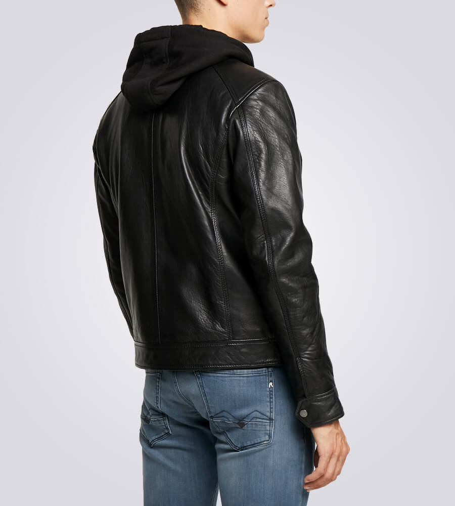 Nils Black Shearling Hooded Biker Leather Jacket