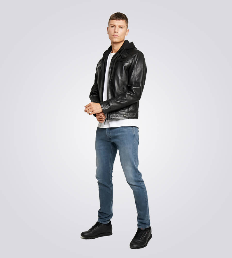 Nils Black Shearling Hooded Biker Leather Jacket