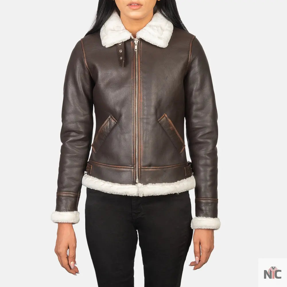 Sherilyn B-3 Brown Leather Bomber Jacket Clanton Jacket