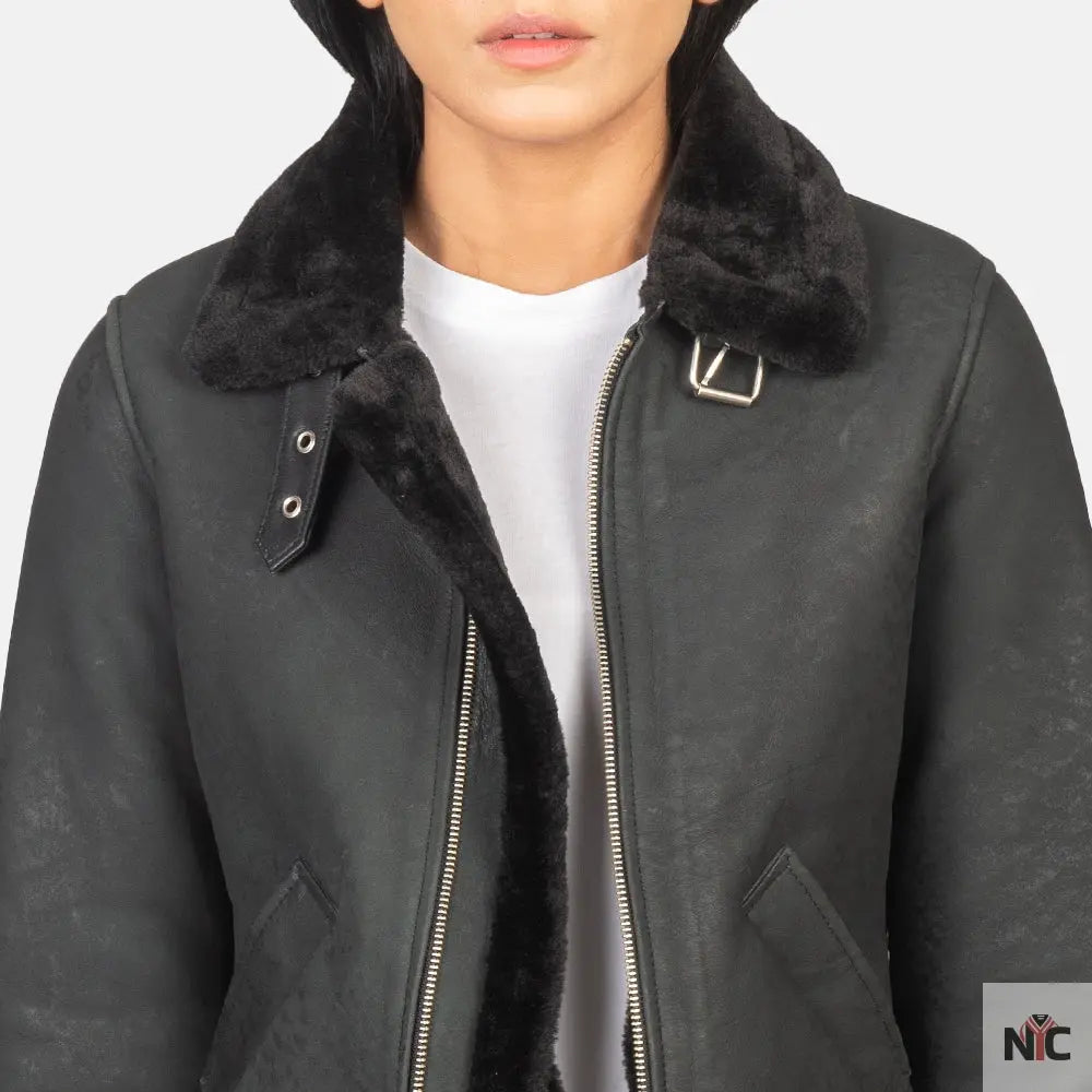 Sherilyn B-3 Distressed Black Leather Bomber Jacket Clanton Jacket