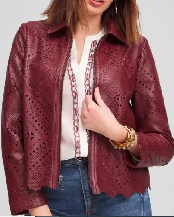 The Traitors US S04 Donna Kelce Burgundy Leather Cut Out Jacket - The America Jackets
