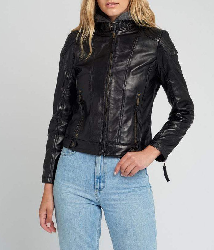 Eliza Black Removable Hooded Leather Jacket