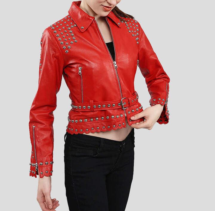 Women’s Studded Red Leather Jacket