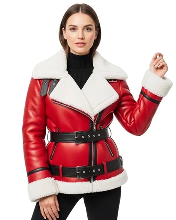 Women’s Red Christmas Lambskin Leather Shearling B3 Bomber Jacket