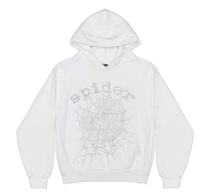 Sp5der OG Rhinestone Logo White Hoodie